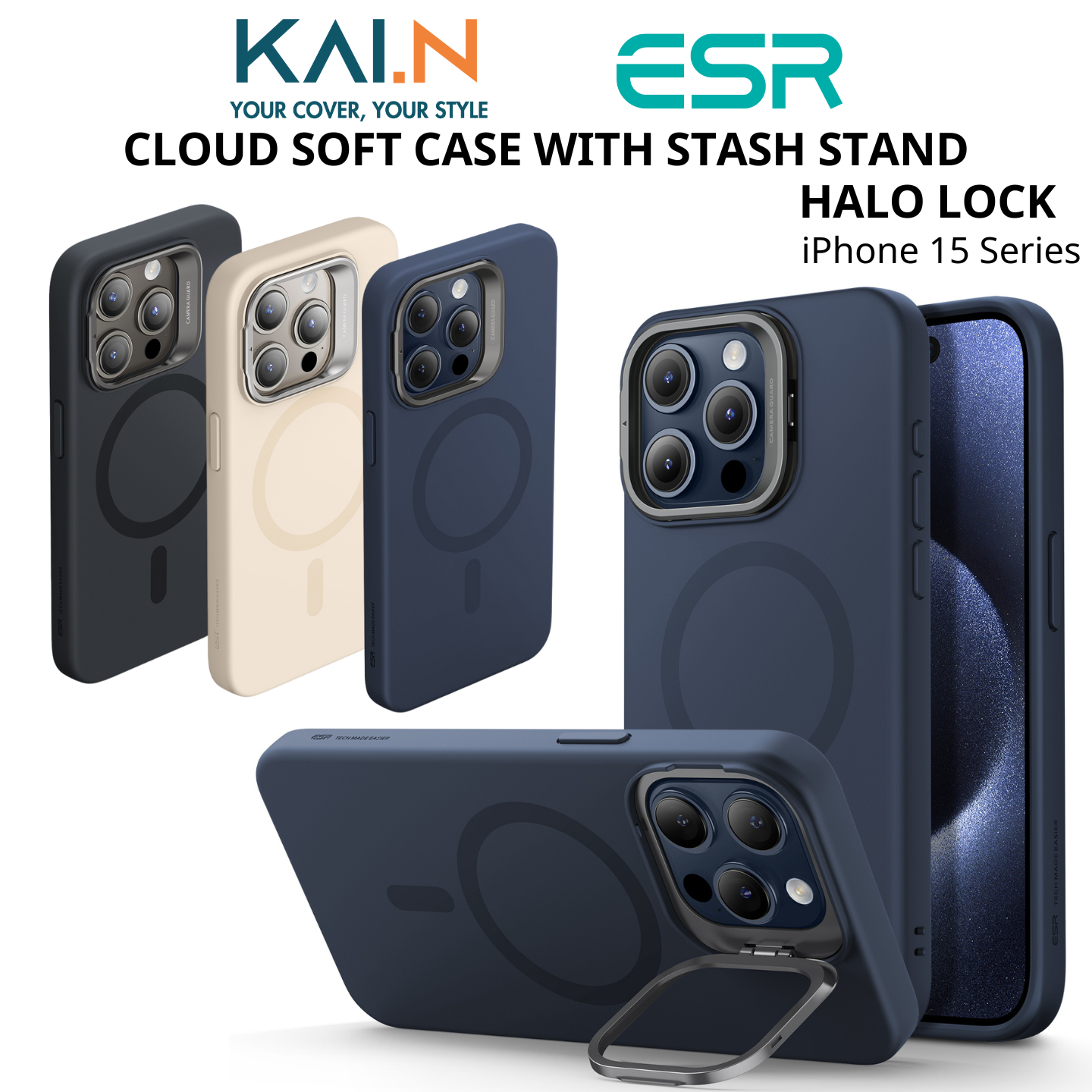 Ốp Lưng Case ESR Silicone Sạc Không Dây Dành Cho iPhone 15 Pro Max / iPhone 15 Pro, Cloud Soft Case with Stash Stand (HaloLock) - HÀNG CHÍNH HÃNG