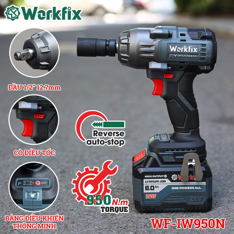 Máy Siết Bulong Workfix 950N.m - WF-IW950N - MÀU XÁM - 3 Cấp Tốc Độ - Motor Brushless - Mở Ốc Lớn Từ 36mm Trở Xuống - Chân Pin Phổ Thông 2 Pin (1 Pin 10 Cell + 1 Pin 15 Cell)  - Bảo Hành Chính Hãg