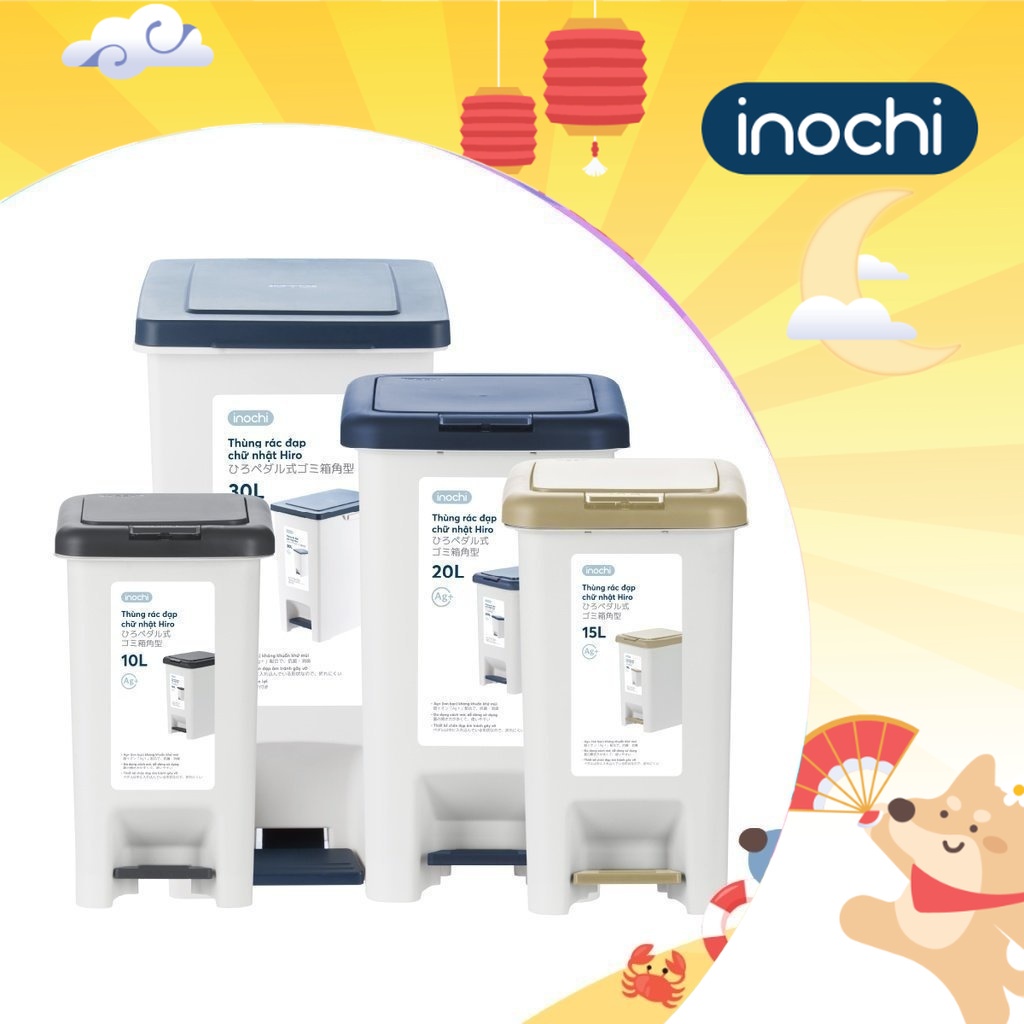 [Loại Kèm Ruột] Thùng Rác Đạp Chữ Nhật Hiro 10L-15L-20L-30L (Tặng kèm Sticker Cute) kháng khuẩn, ngăn mùi hôi hiệu quả- Chính hãng INOCHI