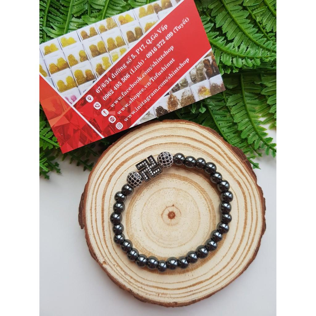 Vòng tay Phật giáo thiết kế màu xám mix charm hợp kim cao cấp