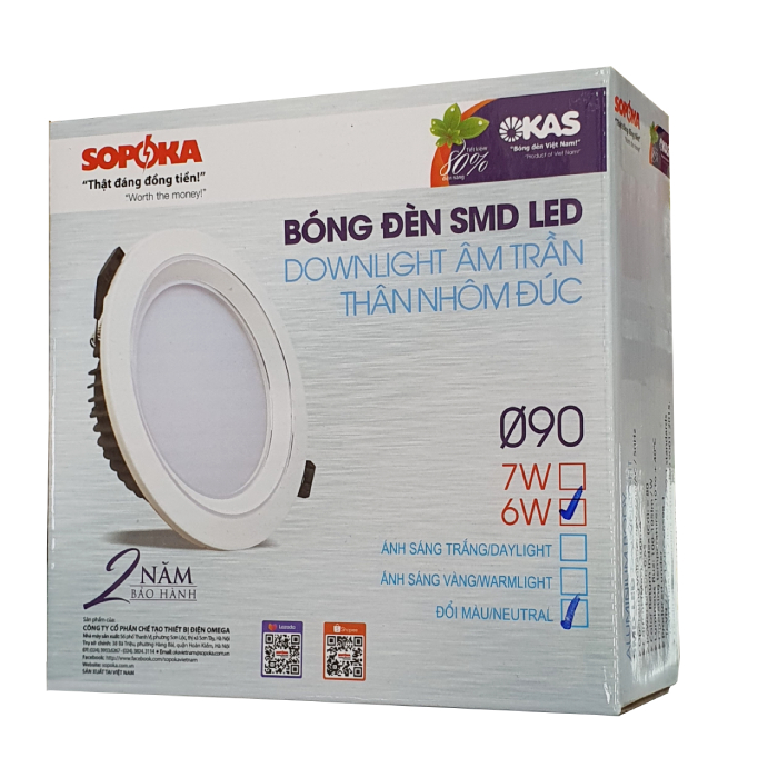 Bóng đèn led Downlight âm trần đổi màu nhôm đúc viền vàng Sopoka