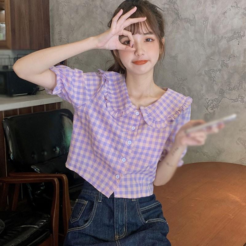 Áo Sơ Mi Caro Cổ Búp Bê Xinh Xắn Cho Nữ