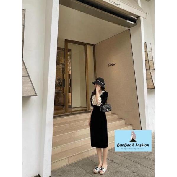 Đầm nhung cách điệu cổ V phối ren