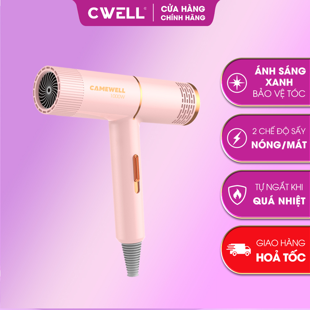 Máy sấy tóc mini chính hãng CameWell công suất lớn 1000W, giảm tiếng ồn, tặng đầu sấy tạo kiểu tóc chuyên nghiệp 2 chiều nóng lạnh CW01HD