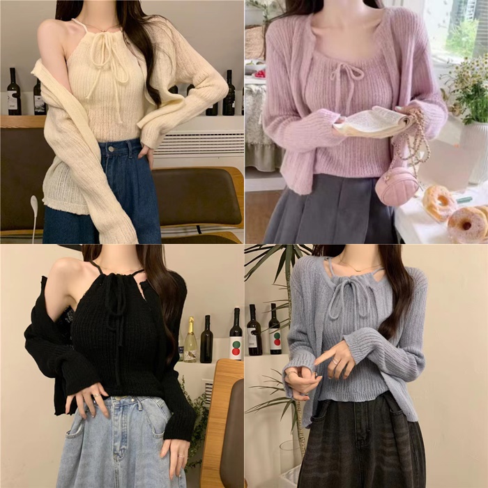 SET ÁO LEN CROPTOP DÂY CỔ YẾM TRƠN PASTEL + ÁO KHOÁC CARDIGAN LỬNG TAY DÀI DẠO PHỐ ĐI CHƠI ĐI BIỂN ĐI TIỆC