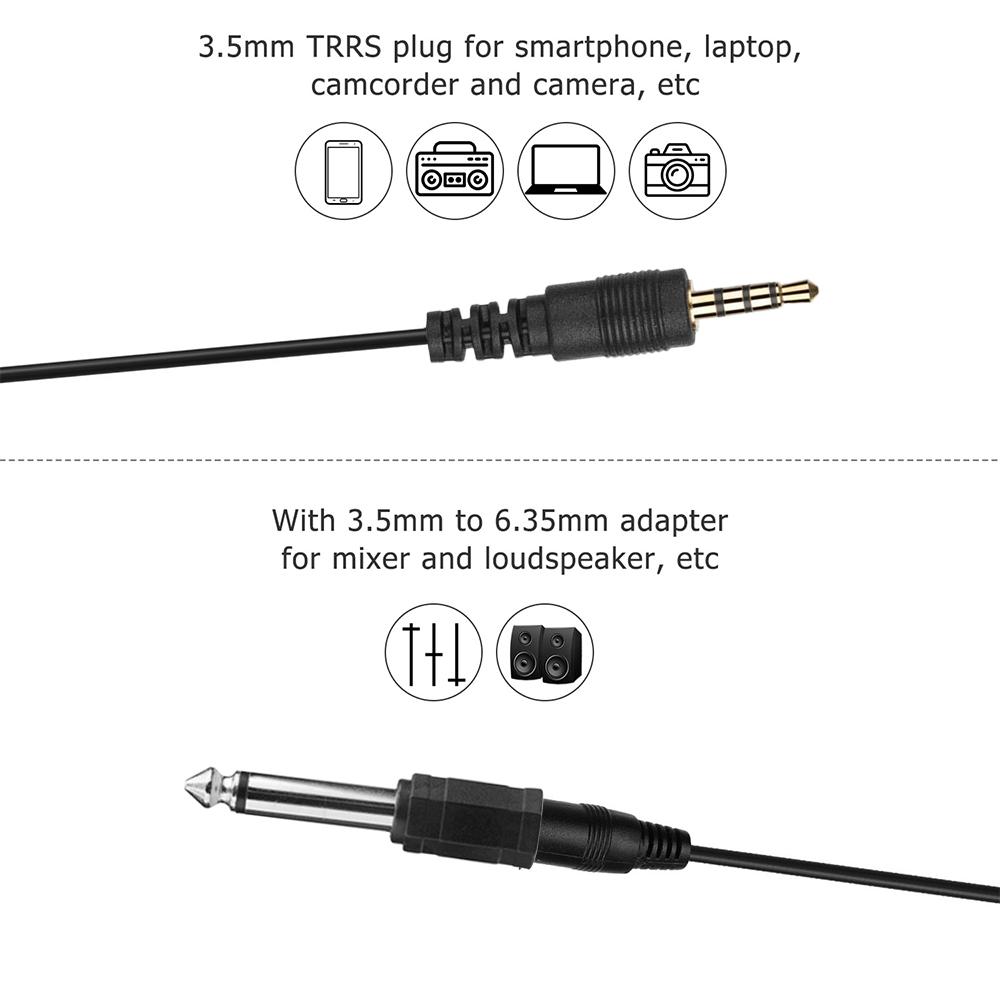 Micrô Lavalier đa hướng với giắc cắm 3,5mm TRRS 6m Cáp 6,35mm
