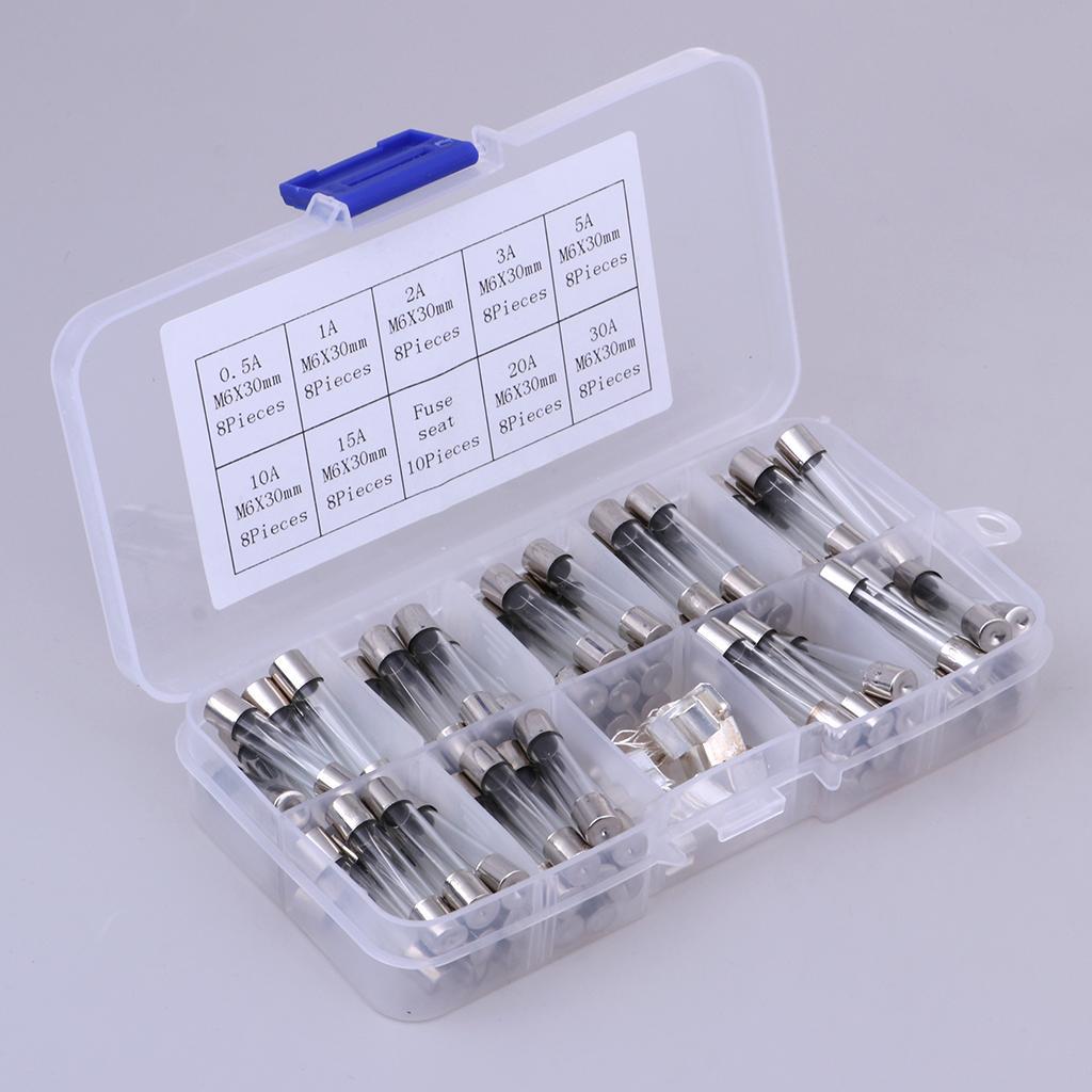 72 Pcs Electronics Quick Blow Glass Tube Fuse Assortment Kit 6*30mm 0.5A~30A