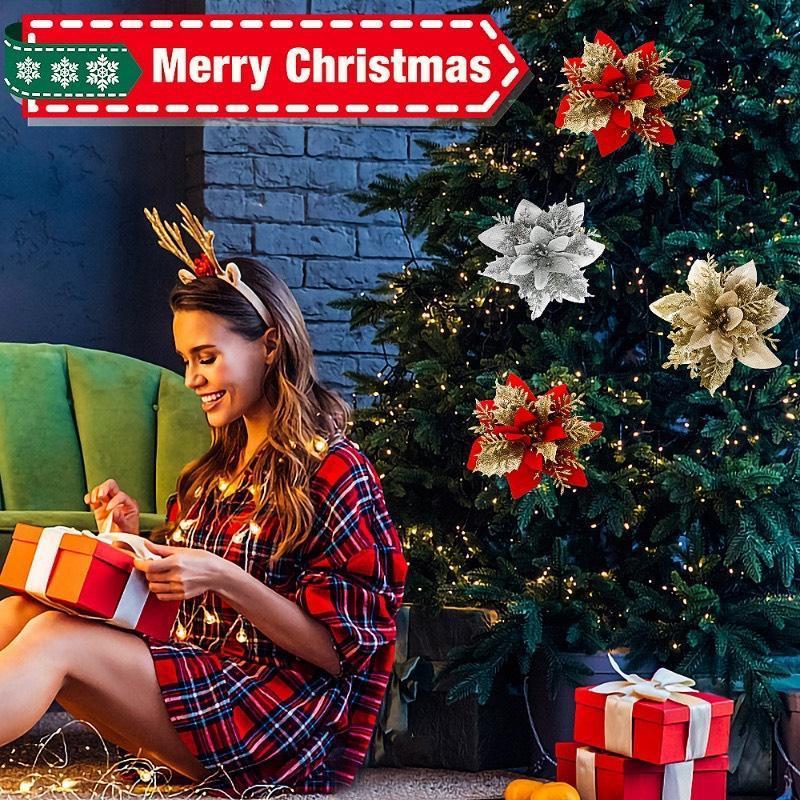 Sét 5 hoa trạng nguyên kim tuyến nhũ vàng đỏ size lớn 13cm trang trí cây thông noel vòng nguyệt quế tháp giỏ quà oản tài