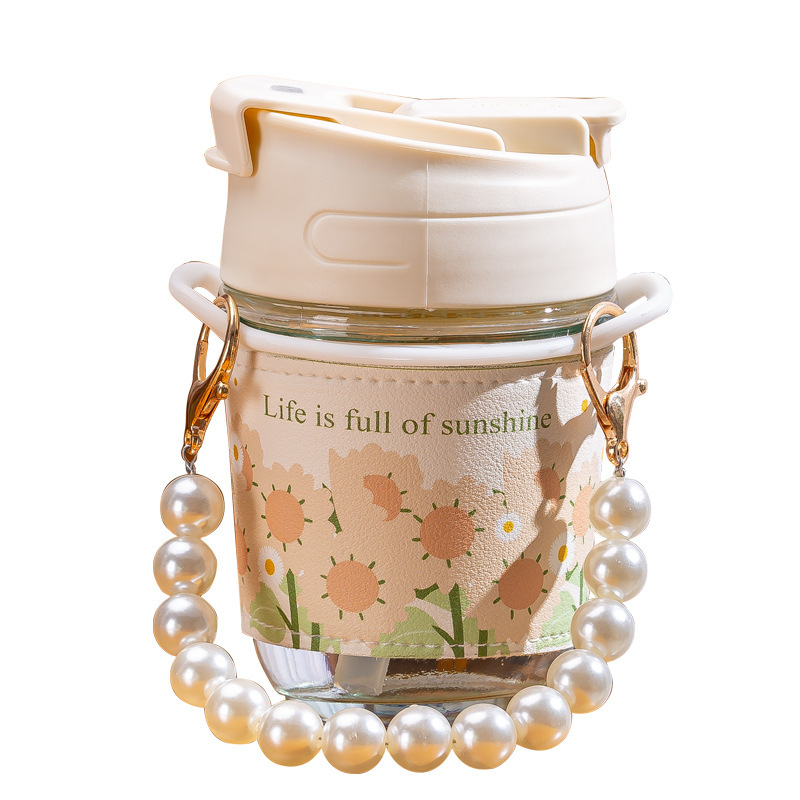 Ly Uống Nước Thủy Tinh Có Nắp Bao Da In Hoa Tulip Dung Tích 350ml