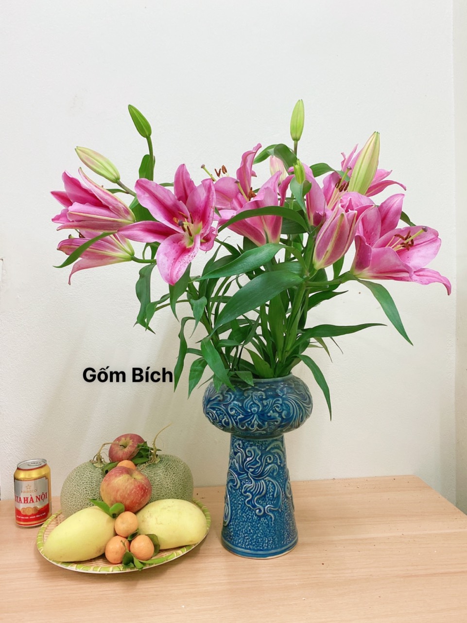 Bình Hoa Lọ Hoa Dáng Búp Bê Khắc Hoa Nổi Gốm Sứ Bát Tràng - Gốm Bích