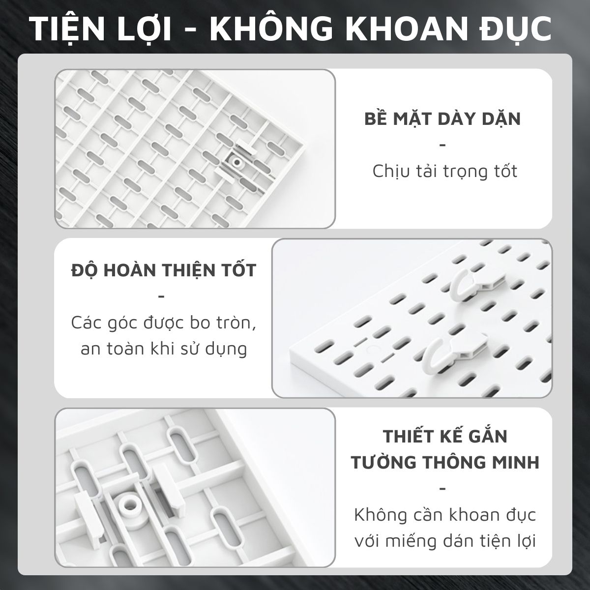 Kệ giá bảng treo tường DandiHome trang trí pegboard để đồ decor bàn học, phòng bếp, nhà tắm, đã kèm đầy đủ phụ kiện, dán tường không cần khoan đục