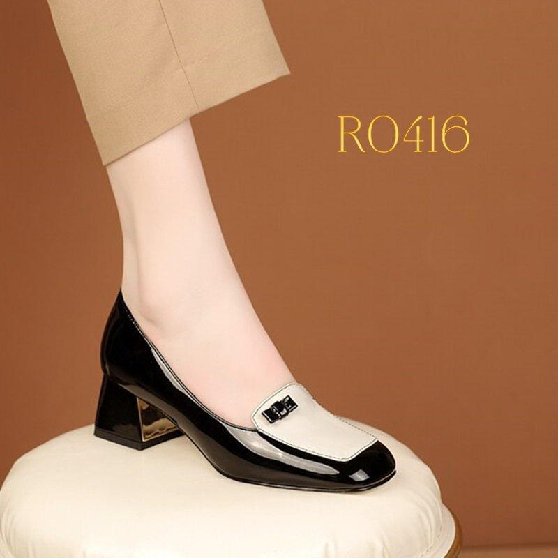 Giày mọi nữ phối màu đính nơ, da bóng cao cấp ROSATA RO416 - Đen, Đỏ - HÀNG VIỆT NAM - BKSTORE