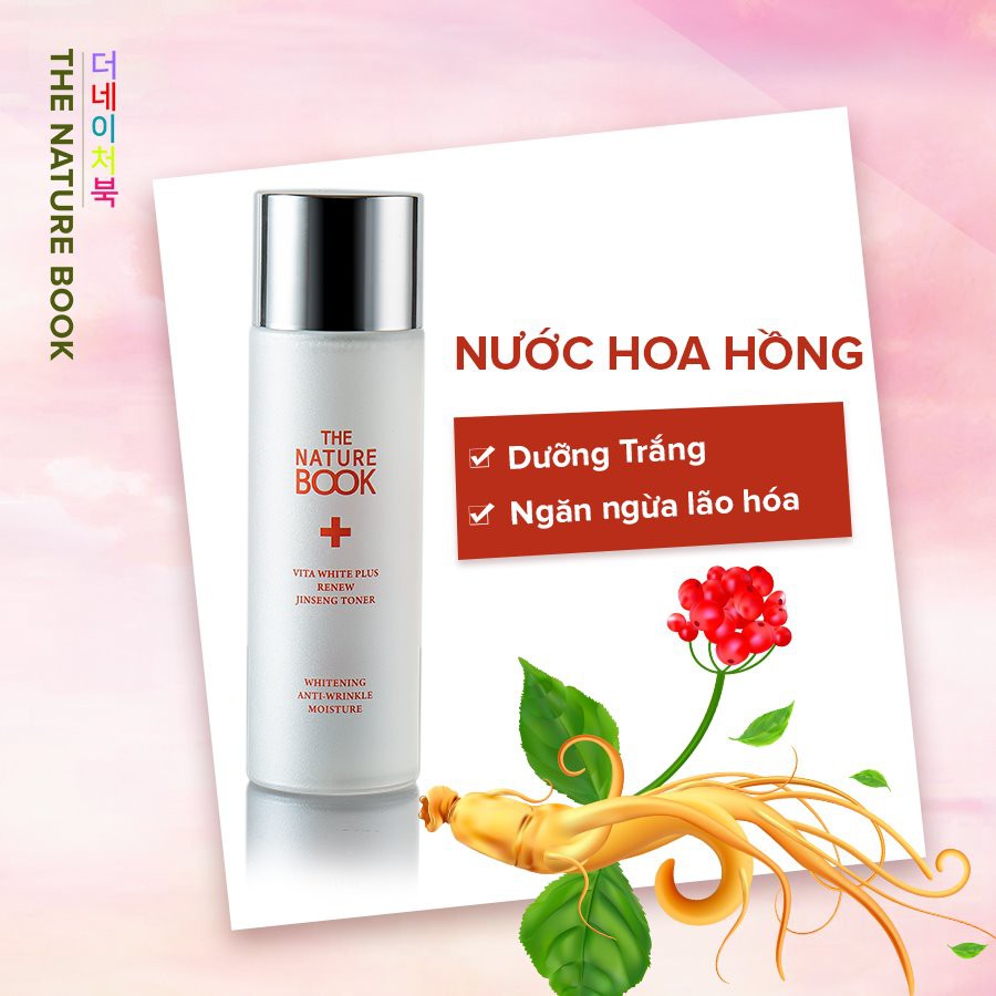 Nước hoa hồng The Nature Book dưỡng trắng hồng và tái tạo da Vita White Plus Renew Jinseng Toner 120ml