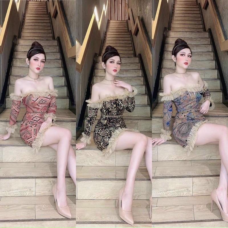 Đầm body trễ vai hoa tiết bèo lưới ngực tay va lai cực sang chảnh kèm hình thật