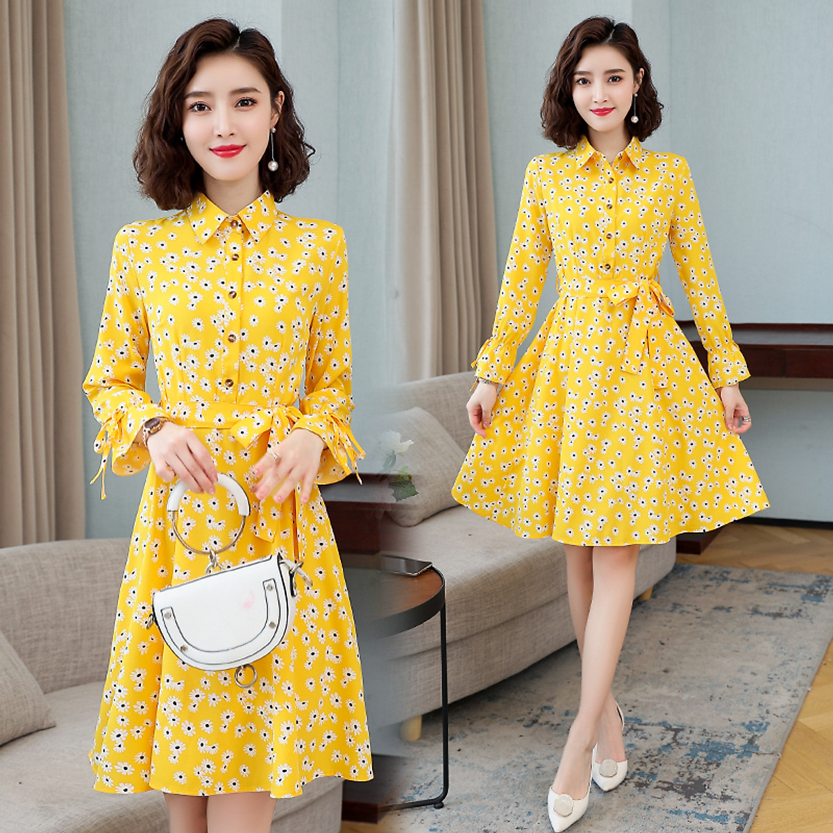 Đầm váy nữ Haint boutique thiết kế hoa eo thắt, phong cách vintage phù hợp mặc đi làm D21