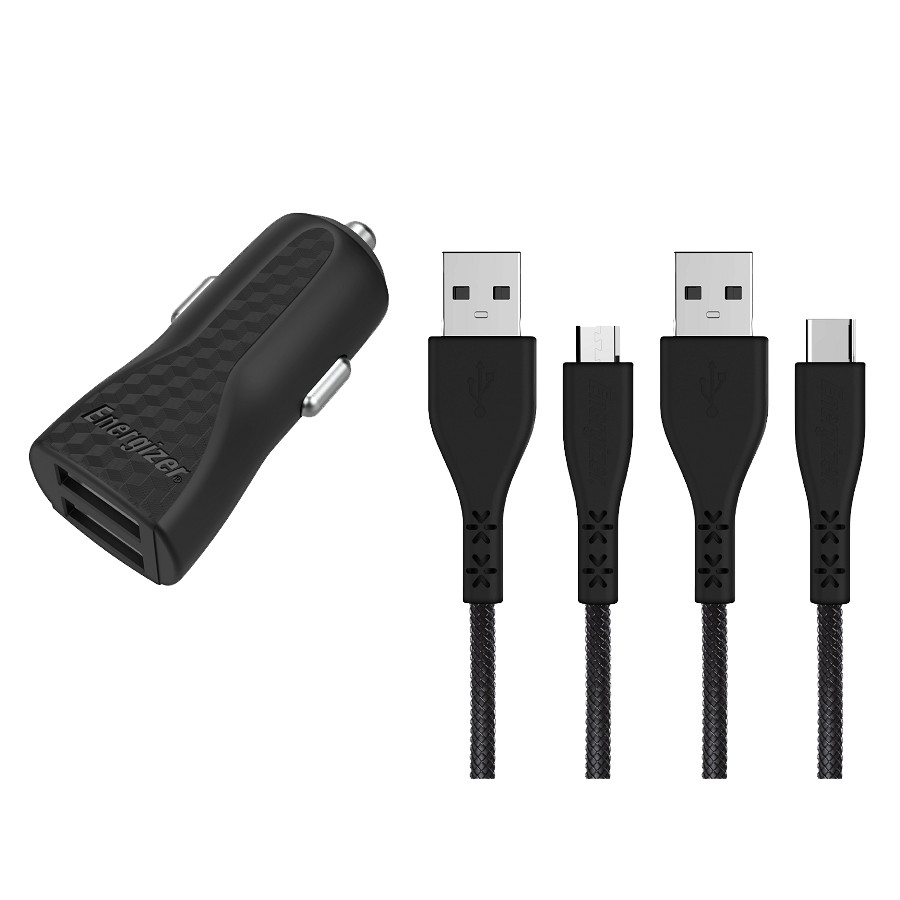 Sạc xe hơi Energizer 2.4A 2 Cổng USB, kèm 1 cáp micro USB, 1 cáp usb Type C - DC2BLCMM. Hàng chính hãng