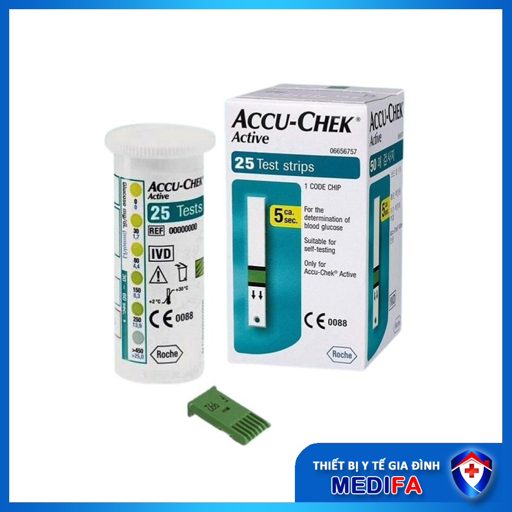 Hộp 25 que thử đường huyết Accu-Chek Active, NK chính ngạch, tem niêm phong, nhãn phụ tiếng việt