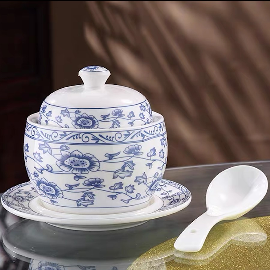 CHÉN ĂN YẾN , BÁT TIỀM SÂM 4 MÓN TỨ QUÝ MEN LAM TRẮNG XANH GỐM SỨ