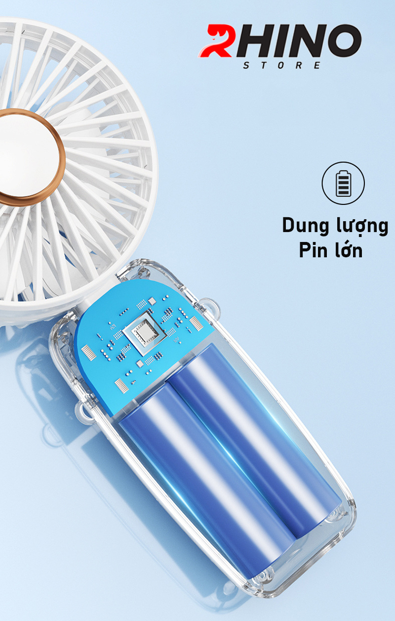 Quạt cầm tay mini siêu mát Rhino F401 tích điện với 5 mức độ gió, kèm đế, dây treo, lượng pin cao - Hàng chính hãng