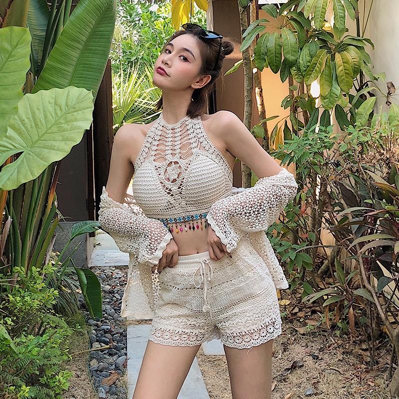 MS611 Áo yếm kiểu đan móc đính hạt tua rua đi biển mix quần jeans