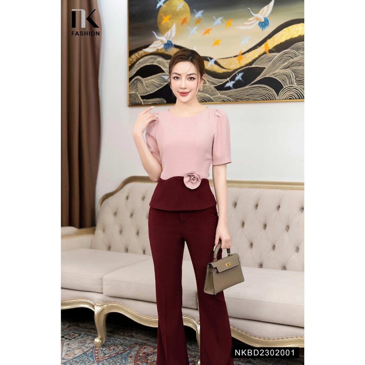 Bộ Đồ Phối Màu Đính Hoa Eo NK FASHION Thiết Kế Thanh Lịch Tôn Dáng Chất Vải Nhập Hàn Dày Dặn Đứng Phom NKBD2302001