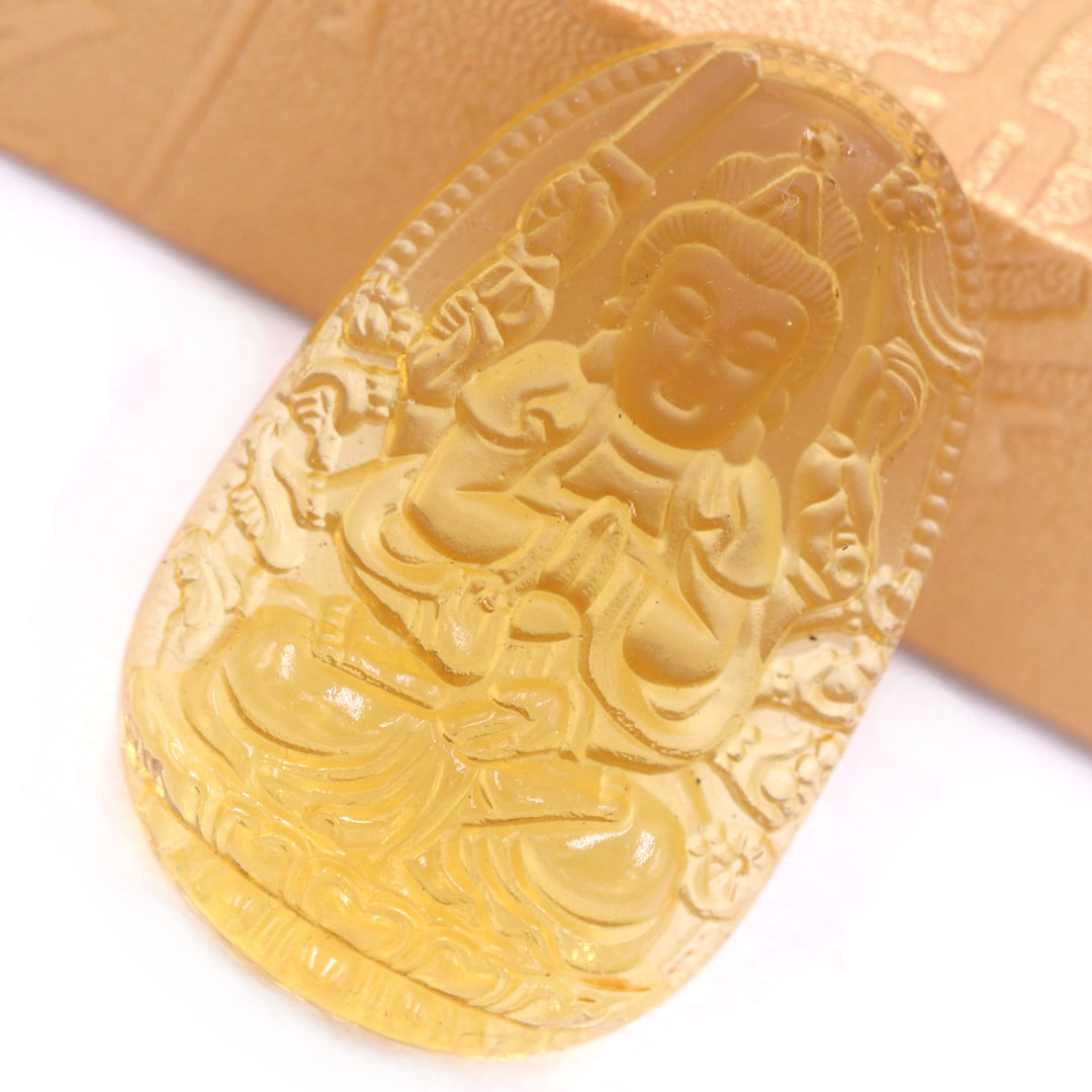 Mặt Phật Thiên thủ thiên nhãn thuỷ tinh vàng 3.6 cm kèm móc và vòng cổ dây cao su đen, Mặt Phật bản mệnh, Quan âm nghìn tay nghìn mắt