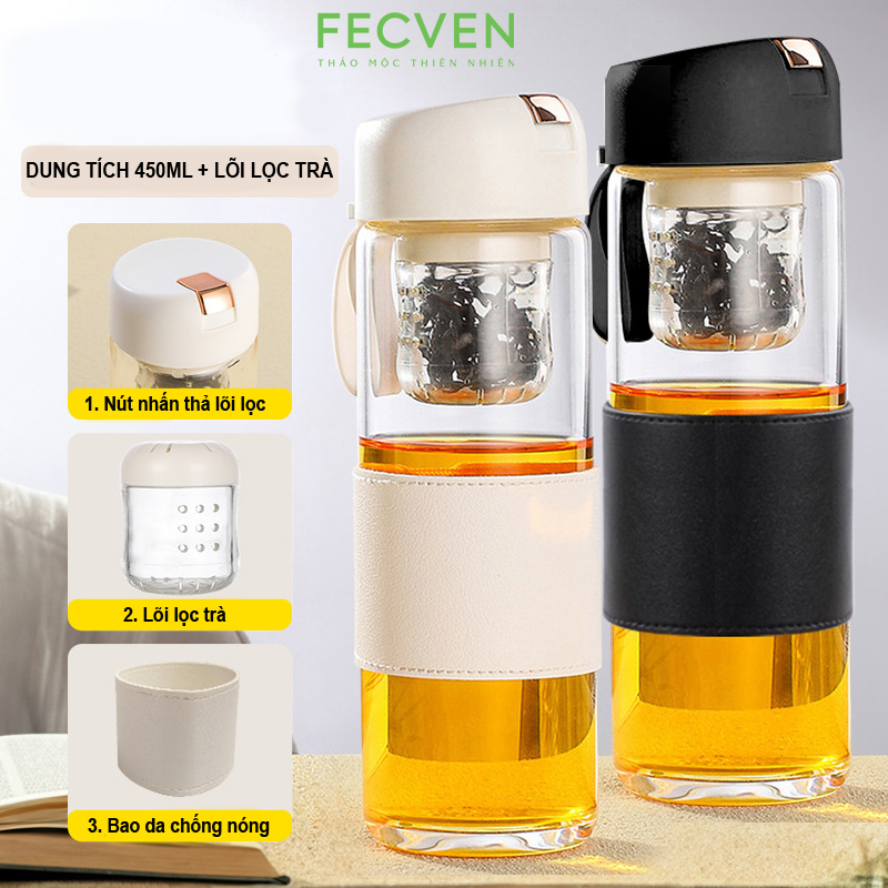 Bình Thủy Tinh Pha Trà Fecven Lõi Lọc Từ Tính, Quai Xách Silicon Bền Bỉ, Dung Tích 450ml