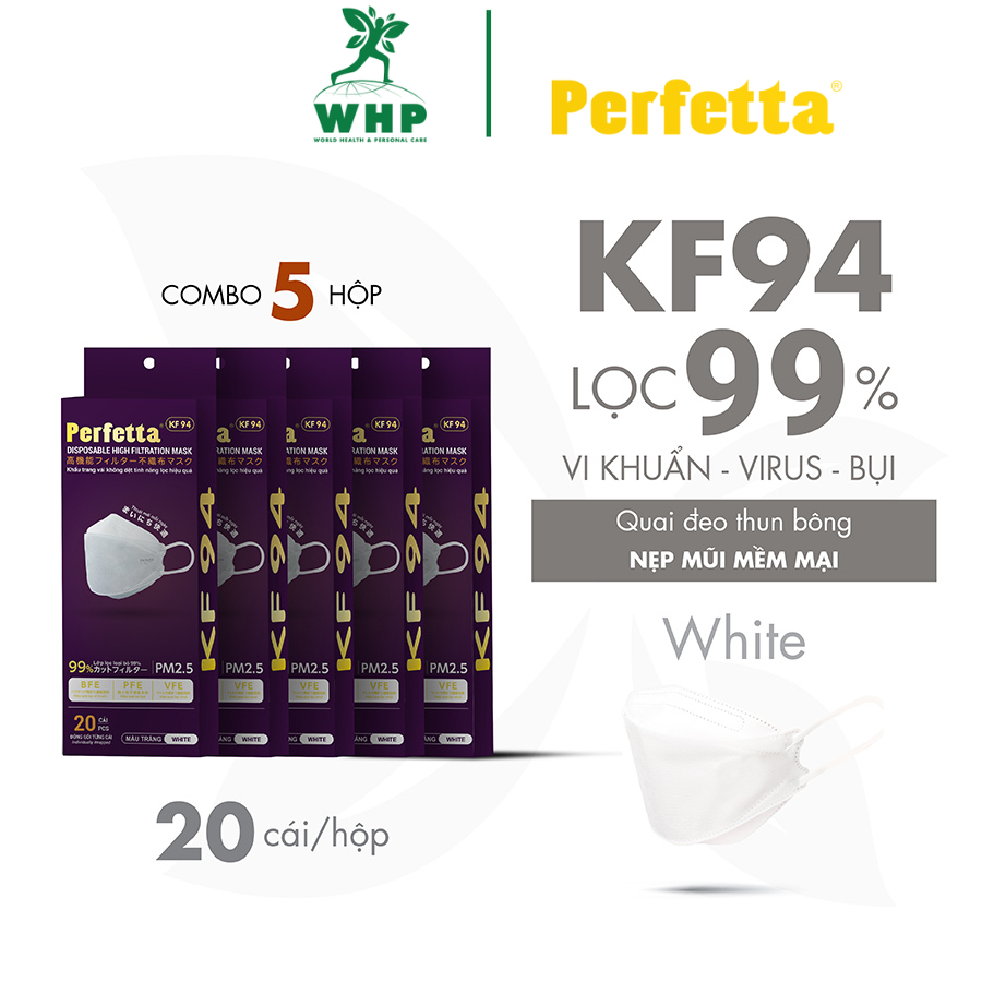 COMBO 5 HỘP - Khẩu Trang KF94 Phong Cách Hàn Quốc Chất Lượng Cao, Kháng Khuẩn, Chống Bụi Mịn, 3 Lớp, Bảo Vệ Tối Ưu, Đóng Gói Từng Cái - 20 cáihộp - TRẮNG