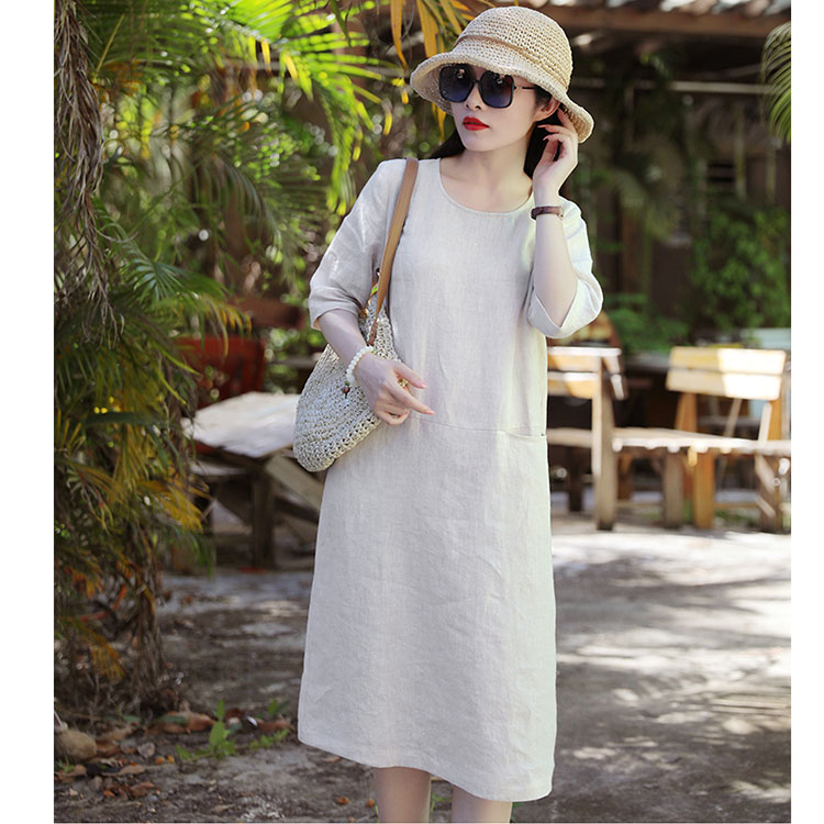 Đầm suông linen tay lỡ 2 túi bổ trước ArcticHunter, chất vải linen mềm mát, thời trang xuân hè 2021