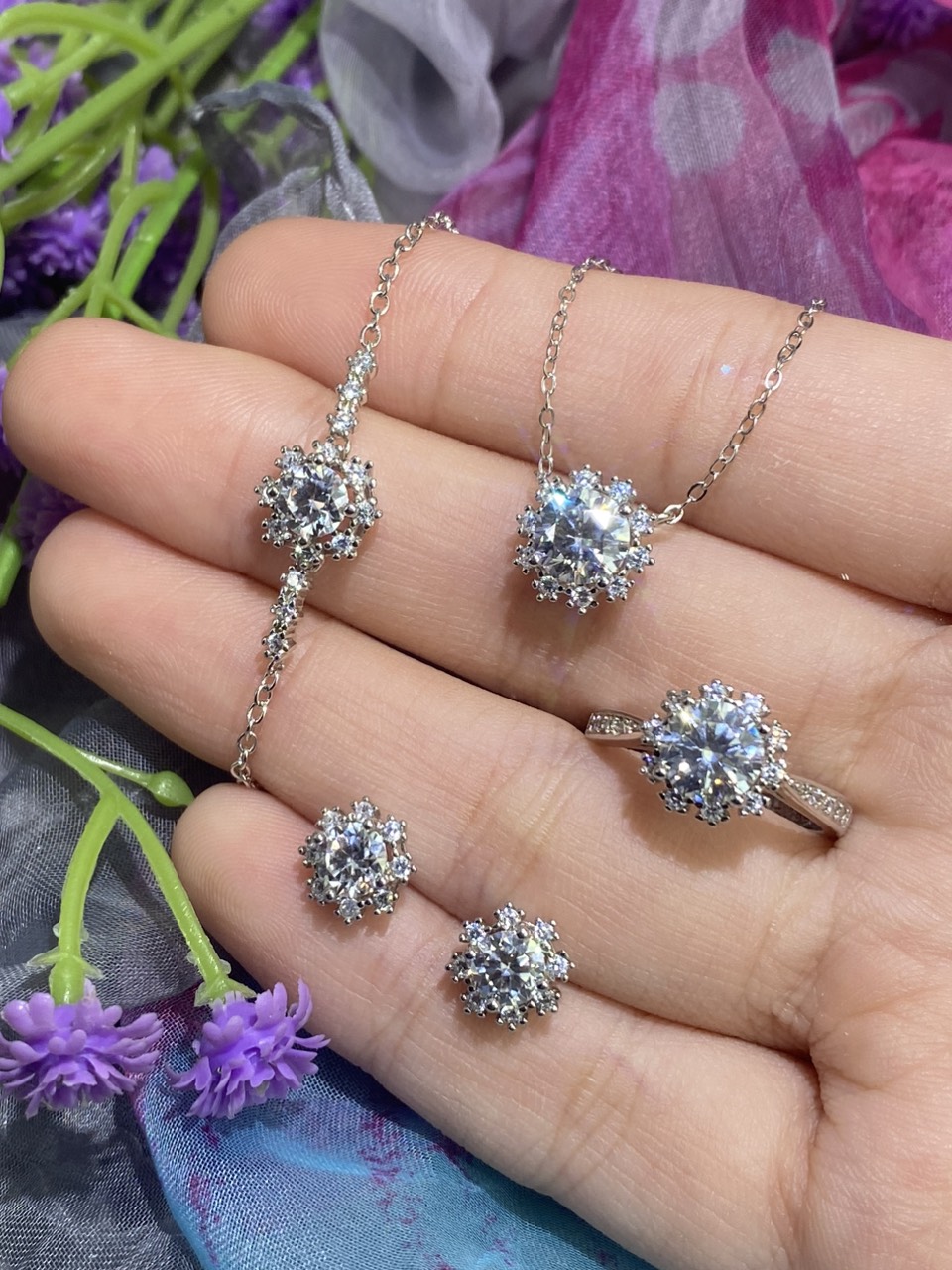 Bộ trang sức Bạc 925 xi Kim viên chủ Kim Cương nhân tạo Moissanite hạt 1.0 carat - S10.9.7.6
