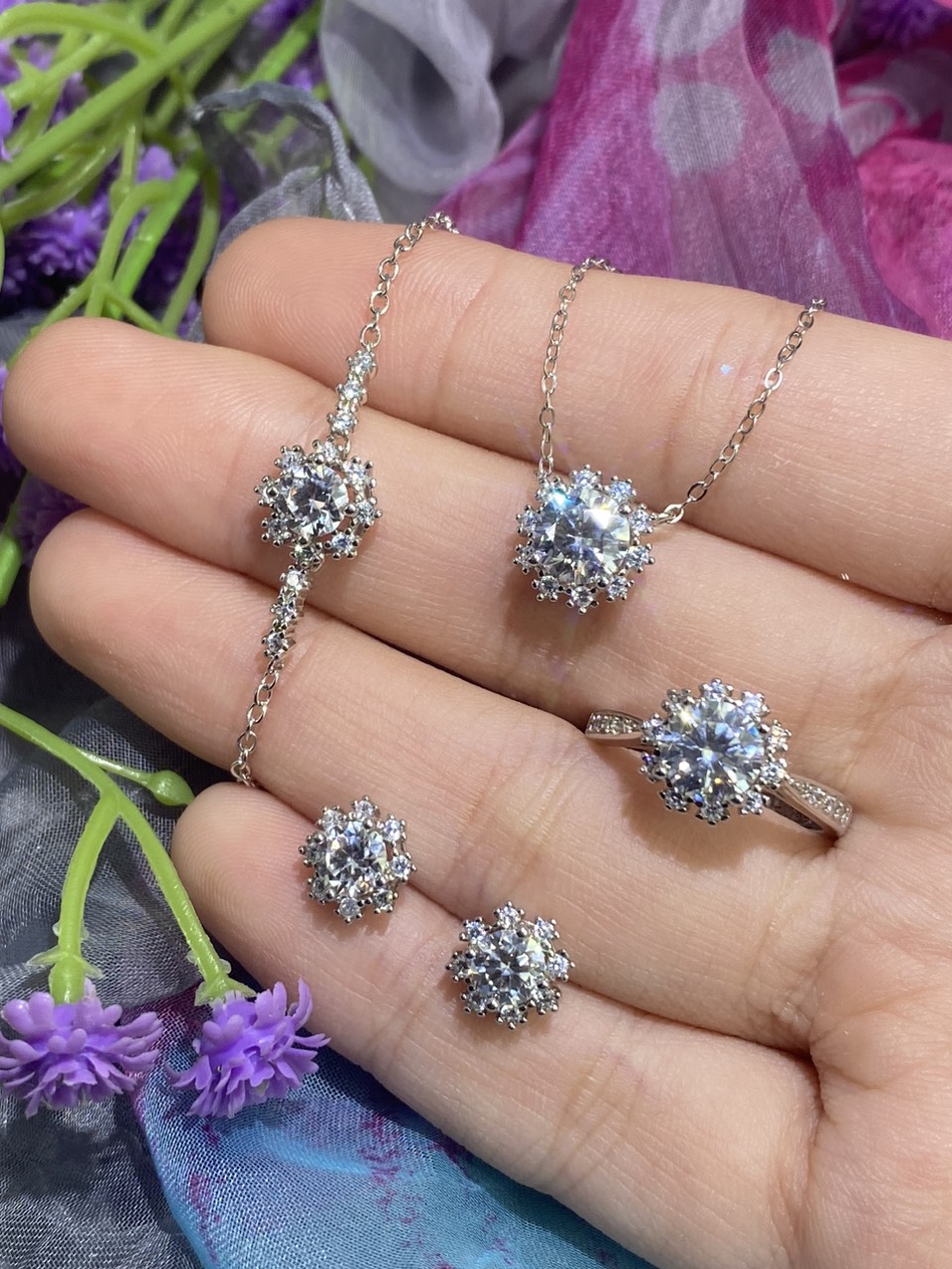 Bộ trang sức Bạc 925 xi Kim viên chủ Kim Cương nhân tạo Moissanite hạt 1.0 carat (6.5mm) - S10.9.7.6