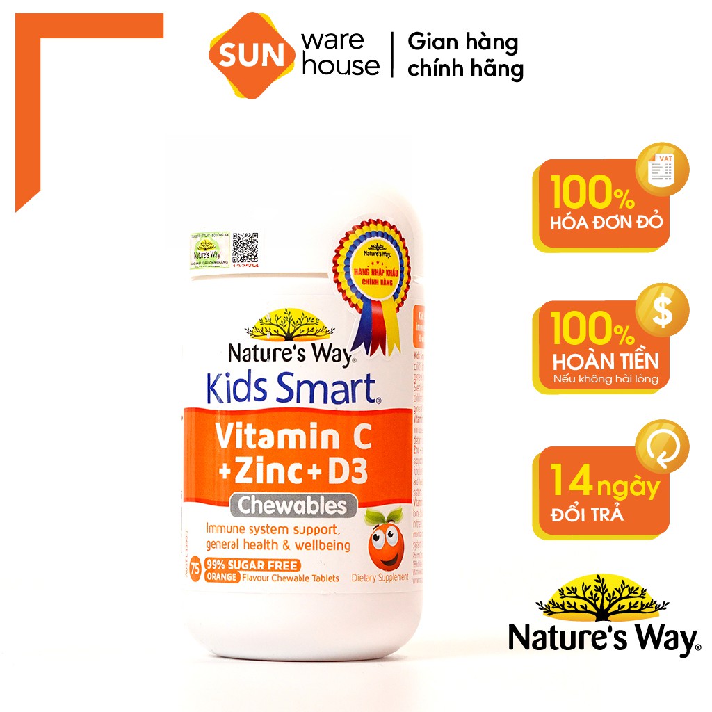 Viên Nhai Nature’s Way Kids Smart Vitamin C+ZinC+D3 Chewable Tablets Cho Bé Phát Triển Toàn Diện 75 Viên