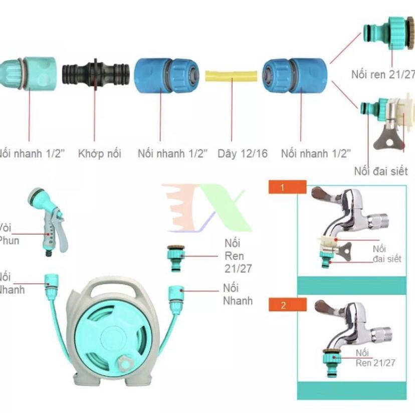Bộ vòi rửa xe, tưới cây thu cuộn dây ống dài 12m Ống nước siêu bền, không gập, không xoắn, chịu áp lực cao.