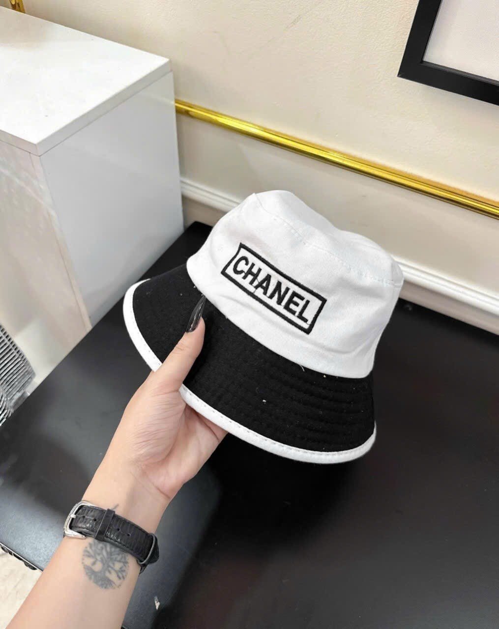 Nón thời trang, mũ BUCKET Chan.nel phối vải kaki vành cụp thời trang nữ
