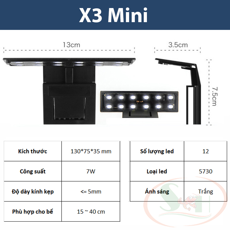 Đèn led kẹp rọi mini Exquisite Super Bright X3, X5, X7 plus bể cá tép thủy sinh nhỏ để bàn