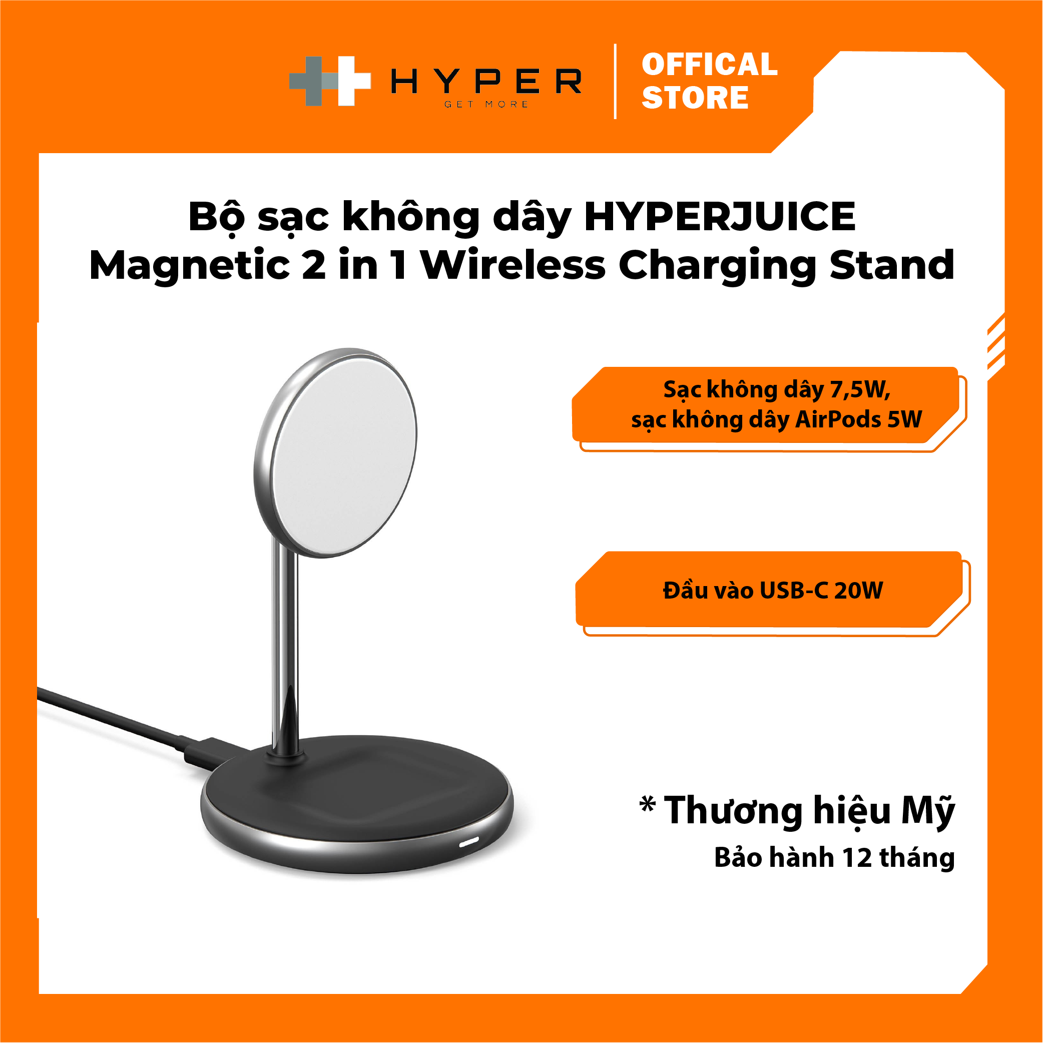 Sạc không dây HyperJuice Magnetic 2 in 1 Wireless Charging Stand cho iPhone - Hàng chính hãng