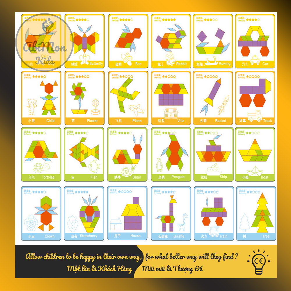 Bộ Ghép Hình Pattern Block Cho Bé (130 miếng) || Montessori cao cấp || Đồ chơi Gỗ - Giáo dục - An toàn - Thông minh