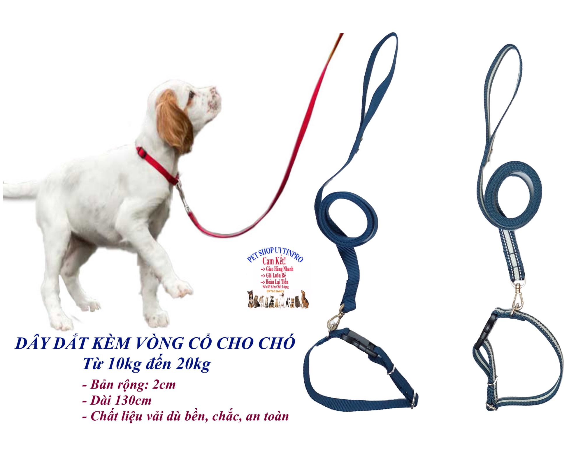 Dây dắt kèm vòng cổ cho Chó Mèo từ 10kg đến 20kg Bản rộng 2cm Chất liệu dù, Bền đẹp, Chắc chắn, An toàn cho thú cưng