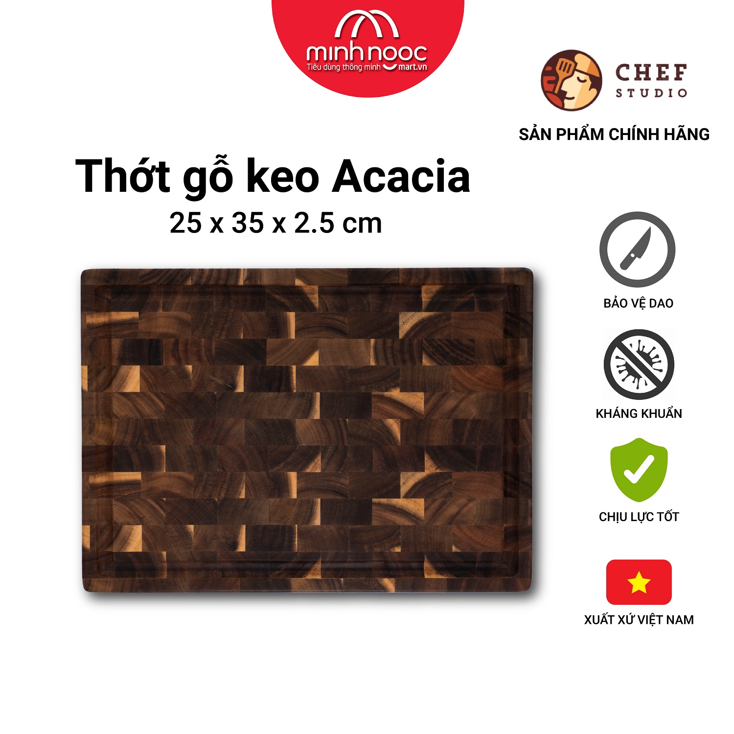 Thớt gỗ keo Chef Studio chữ nhật size 25 x 35 x 2.5cm, Dùng bằm, thái, trưng bày thực phẩm