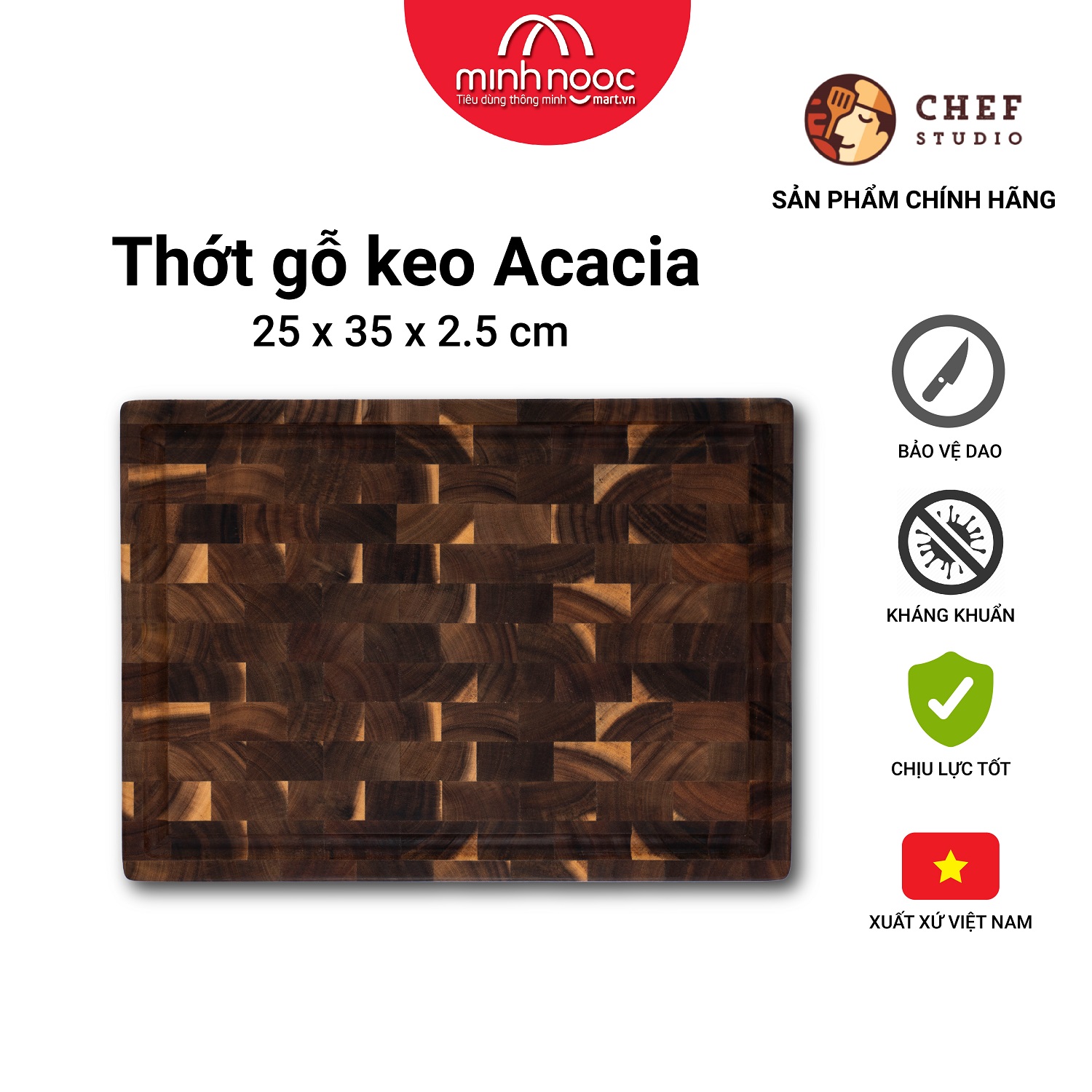 [ Hàng chính hãng ]Thớt gỗ keo (Acacia) Chef Studio chữ nhật size 25 x 35 x 2.5cm, Dùng bằm, thái, trưng bày thực phẩm