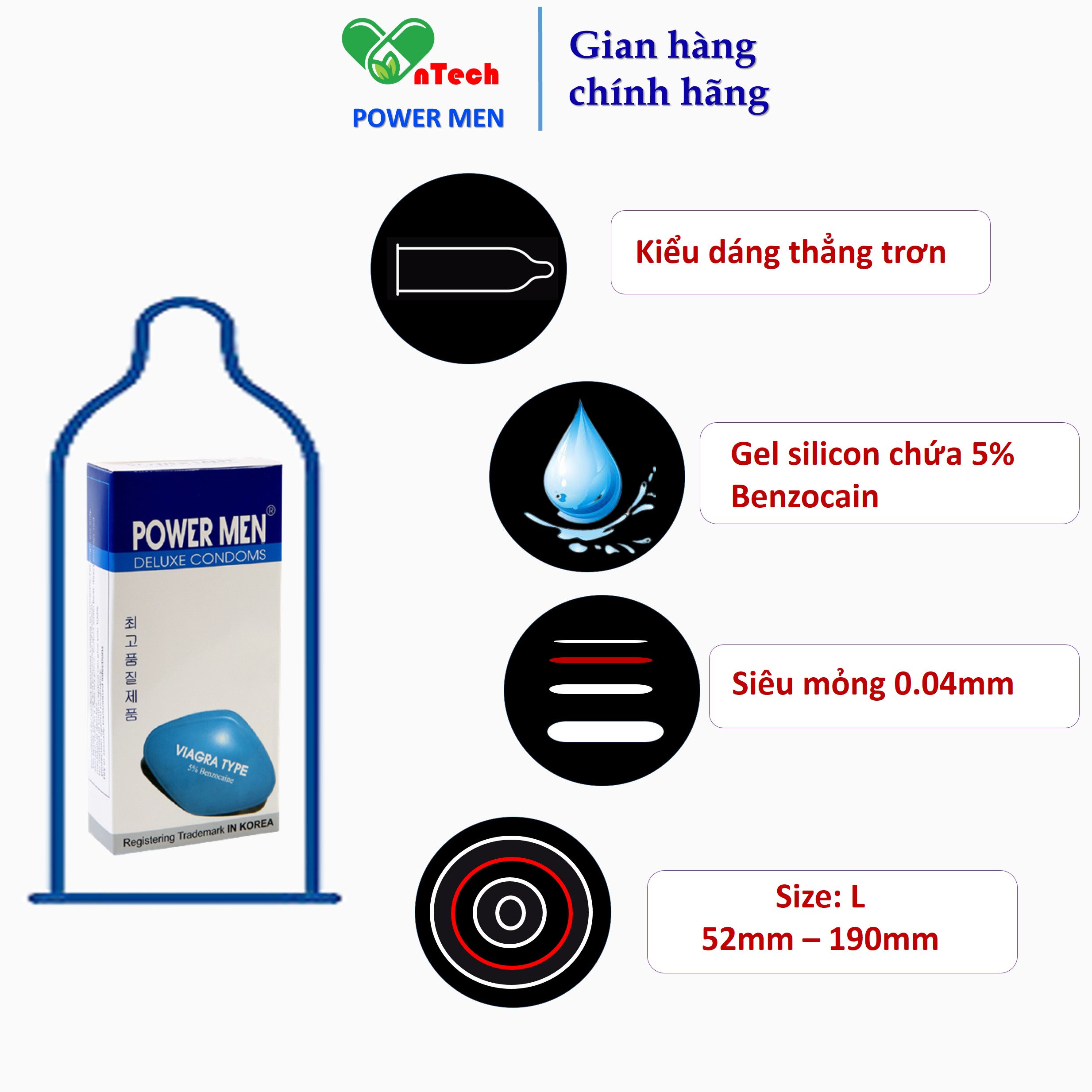 Bao cao su POWER MEN VIAGRA TYPE siêu mỏng trơn nhiều gel bôi trơn chứa 7% Benzocain siêu kéo dài thời gian