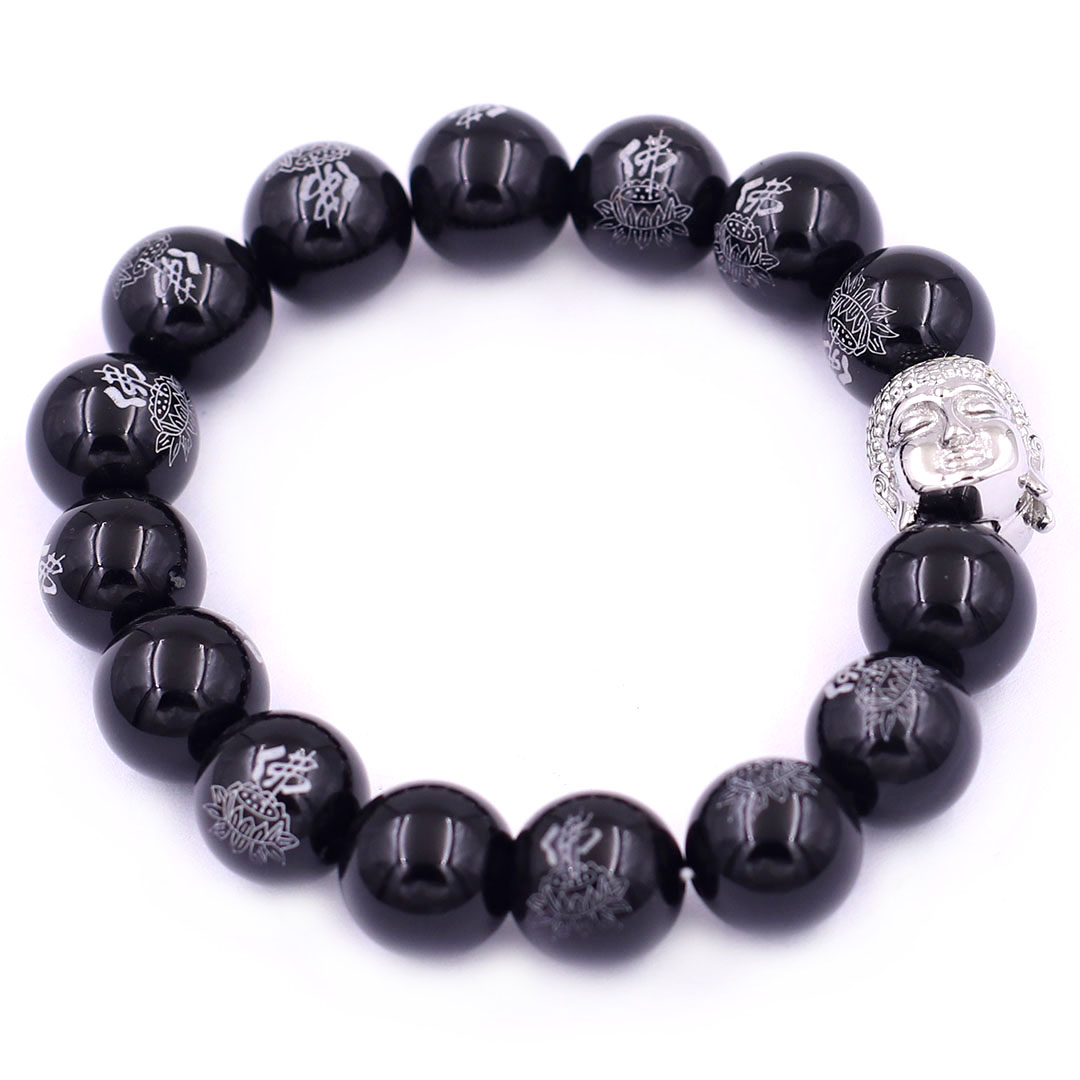 Vòng chuỗi đeo tay đá thạch anh đen in chữ Phật 12 ly charm đầu Phật Như lai inox, Như lai Phật tổ, vòng chuỗi phong thủy, A DI ĐÀ