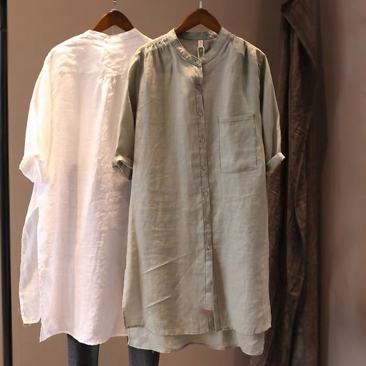 Sơ mi dáng dài Linen bột Premium cổ tầu tay lỡ trẻ trung