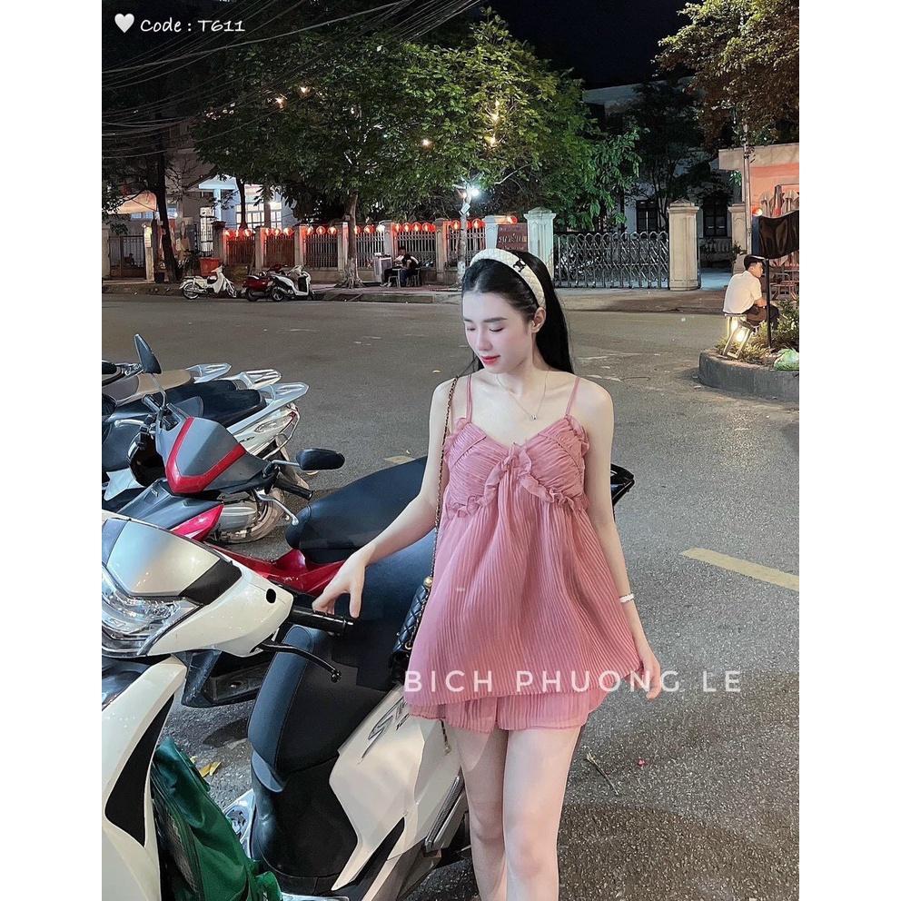 SET ĐI CHƠI, SET 2 MÓN ÁO TƠ 2S CÚP NGỰC NHÚNG XÒE PHỐI QUẦN ĐÙI CỰC XINH IU - Brown