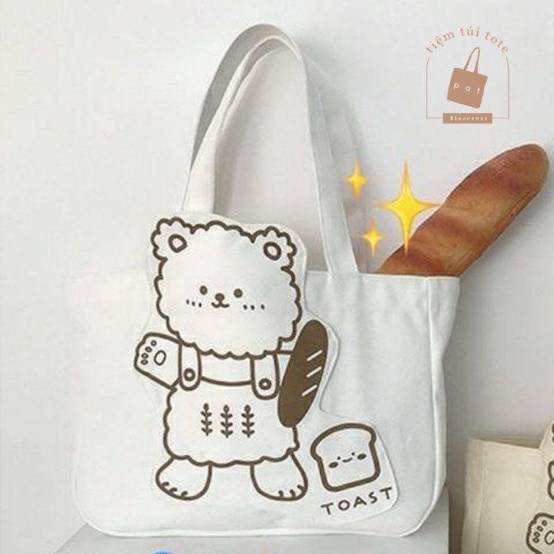 Túi tote gấu bánh mì và sanwich chất liệu canvas đeo vai size to họa tiết in sắc nét mã TP2 | tiemtuitotebypat