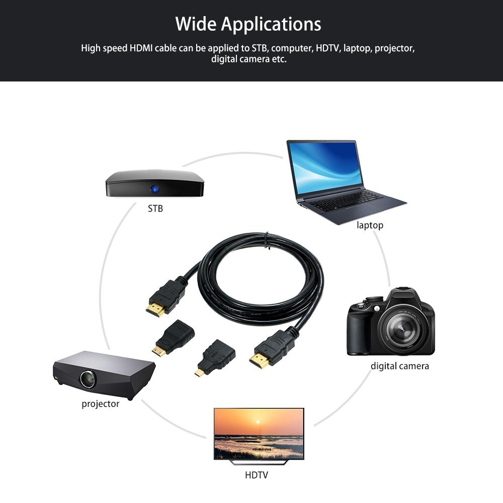 3 in 1 HD Cable Cord HD Male to Male Wire Line + Micro HD Adaptor + Mini HD Adapter 1.5M