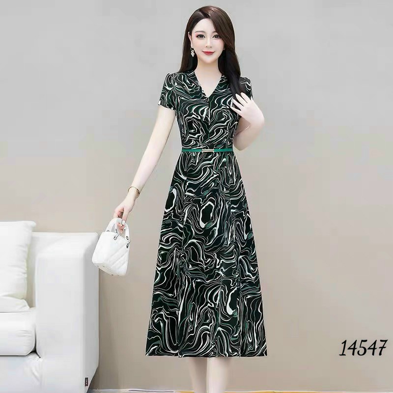 Đầm váy nữ trung niên lụa hoa latin xanh đen dự tiệc đám cưới cao cấp