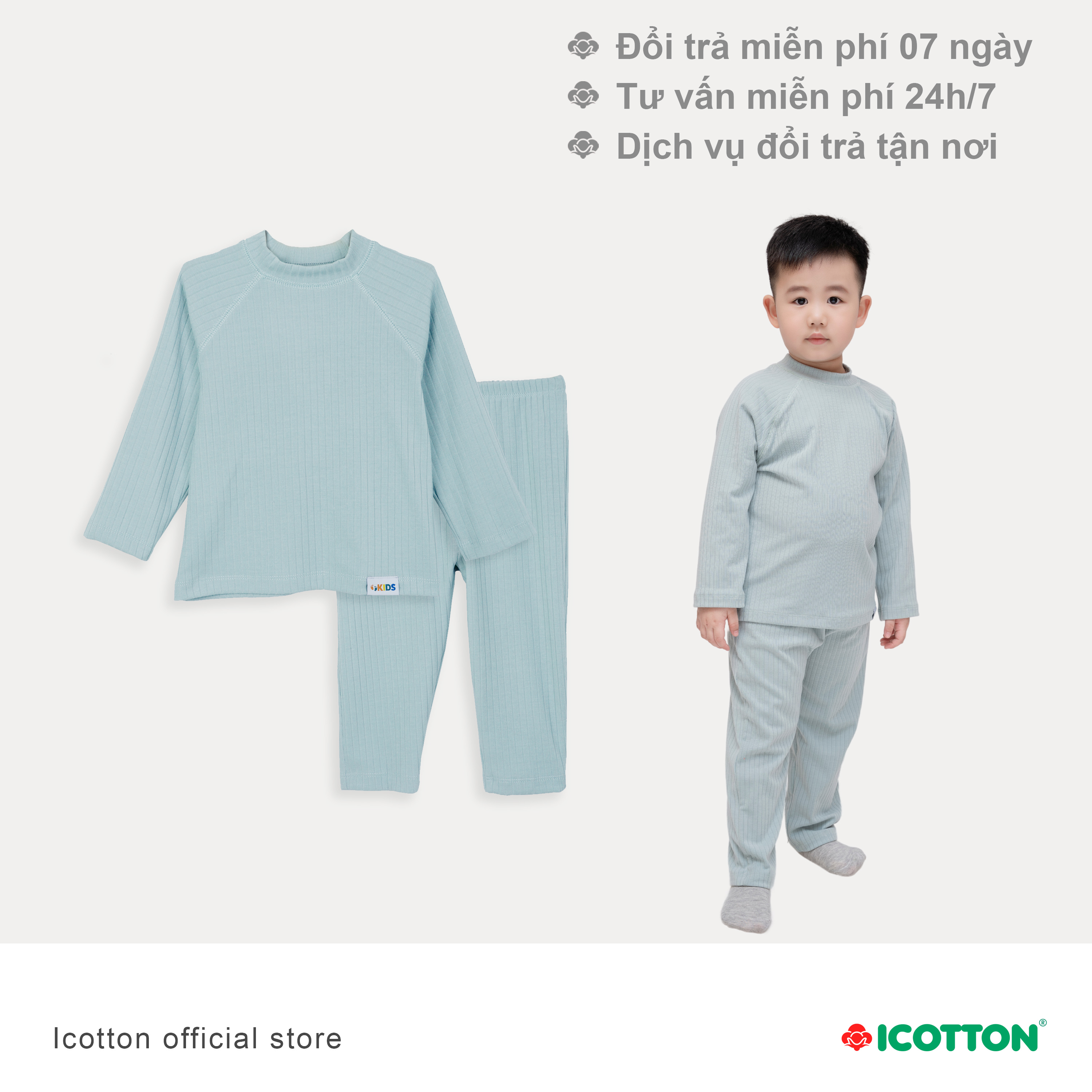 Bộ giữ nhiệt chất cotton cho bé tuổi màu Xanh min