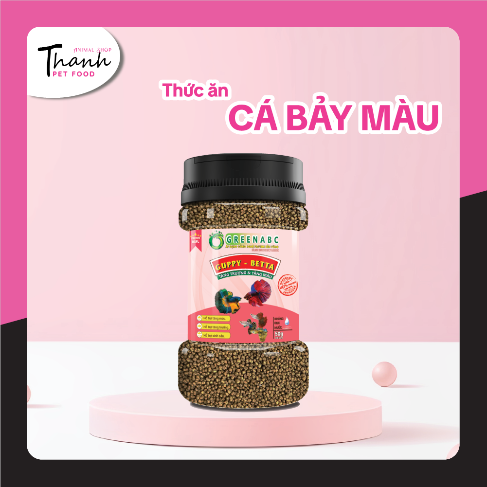 Thức ăn Cá 7 Màu nhãn hiệu GREENABC – Guppy và Betta – Độ đạm 40% giúp tăng trưởng nhanh, lên màu đẹp, đề kháng tốt – Hộp 50g