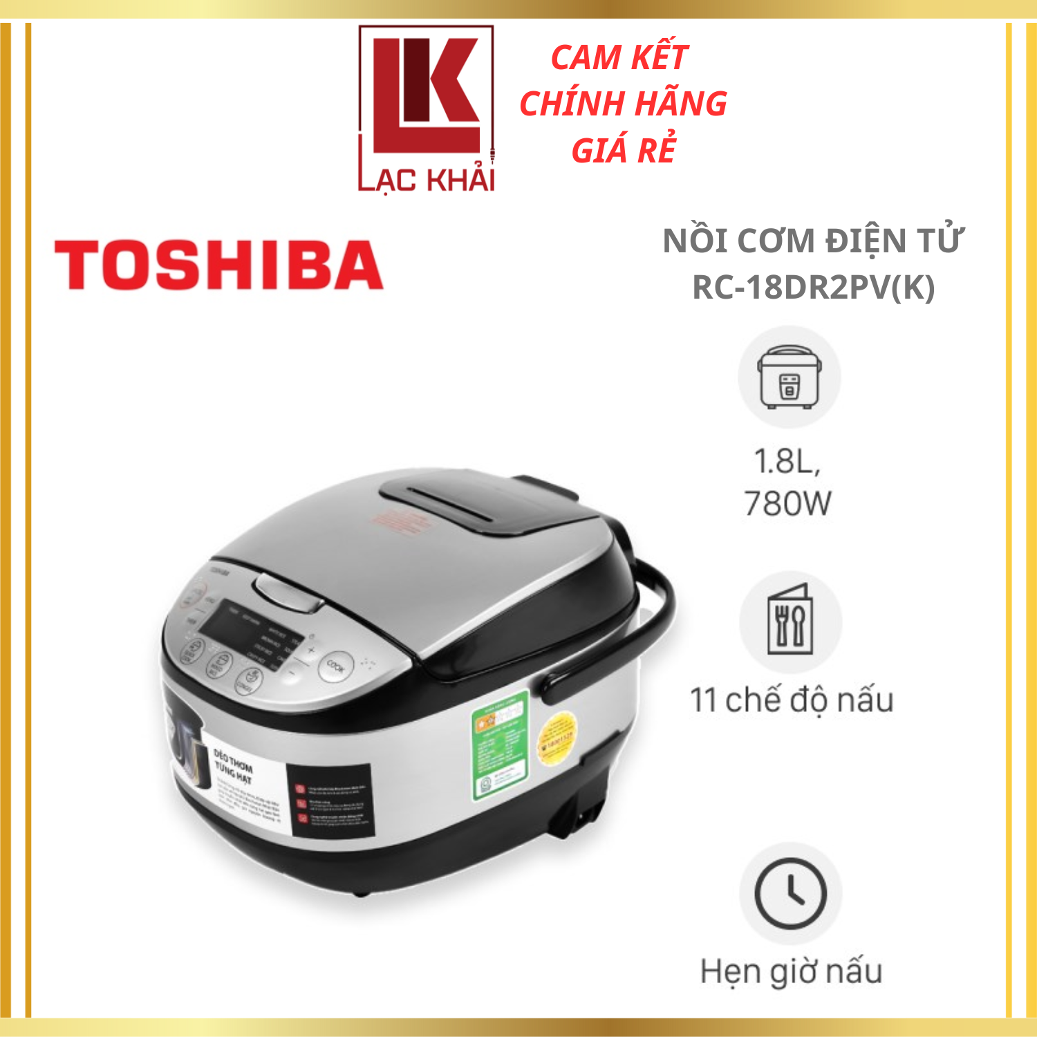 Nồi cơm điện tử Toshiba RC-18DR2PV(K) - 1.8L - Lòng nồi dày 4mm, chống dính - Hàng chính hãng, bảo hành 12 tháng
